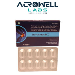 Product Name: Acrcmag RCC, Compositions of Acrcmag RCC are Rose Hip Extract,Collagen Peptide Type II,Sodium Hyaluronate Sulphate,Glucosamine Sulphate,Chondrotin, Vitamin C, Vitamin A, Vitamin B1, Vitamin B2, Vitamin B6 Folic Acid and Zinc Tablets - Acrowell Labs Private Limited