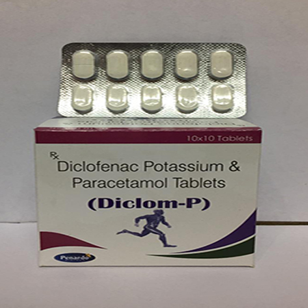 Product Name: DICLOM P, Compositions of DICLOM P are Diclofenac Potassium & Paracetamol Tablets - Apikos Pharma