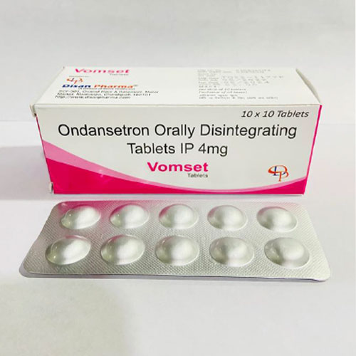 Product Name: Vomset, Compositions of Vomset are Ondensetron Orally Disintegrating Tablets IP 4 mg - Disan Pharma