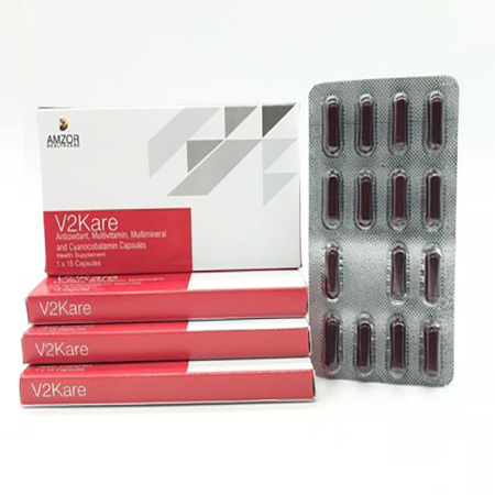 Product Name: V2Kare, Compositions of V2Kare are Antioxidants, Multivitamin, Multiminerals and Cyancobalamin Capsules - Amzor Healthcare Pvt. Ltd