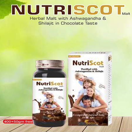 Product Name: Nutriscot, Compositions of Nutriscot are Herbal Malt with Ashwagandha & Shilajit in Chocolate Taste - Scothuman Lifesciences