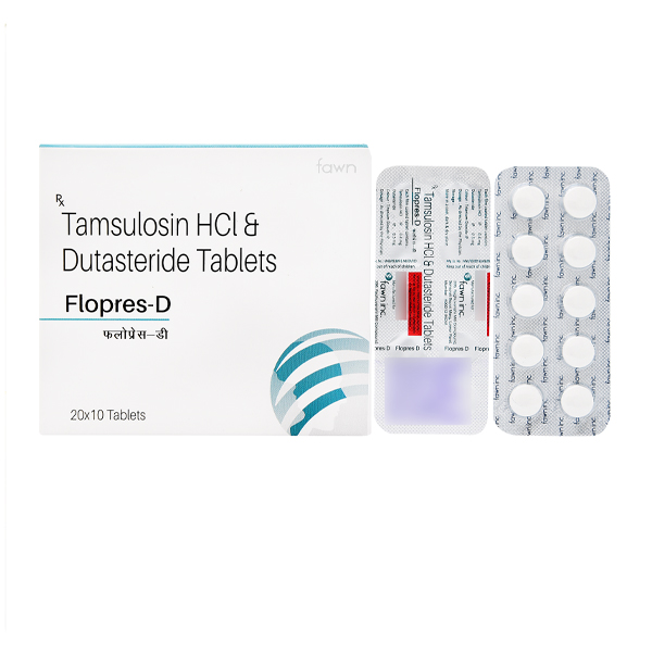 Product Name: FLOPRES D, Compositions of FLOPRES D are Tamsulosin HCI 0.4 mg + Dutasteride I.P. 0.5 mg. - Fawn Incorporation