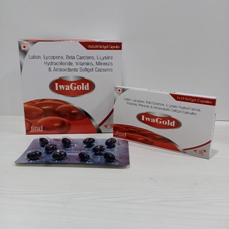 Product Name: IwaGold, Compositions of are Lutein Lycopene  Beta Carotene l-Lysyrine Hydrochloride Vitamins Minerals & Antioxidants Softgel Capsules - Soinsvie Pharmacia Pvt. Ltd