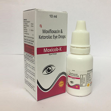 Product Name: MOXICOB K, Compositions of MOXICOB K are Moxifloxacin & Ketorolac Eye Drops - Apikos Pharma