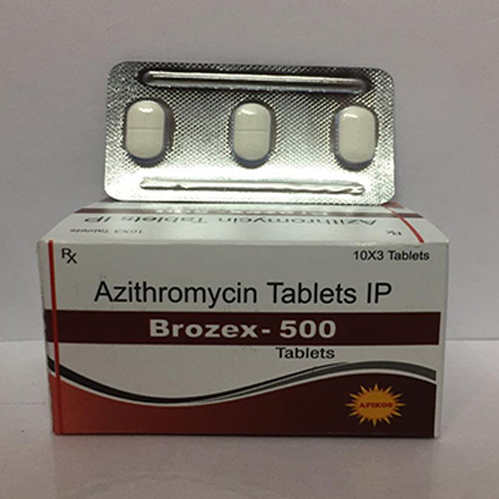 Product Name: Brozex 500, Compositions of Brozex 500 are Azithromycin Tablets IP - Apikos Pharma