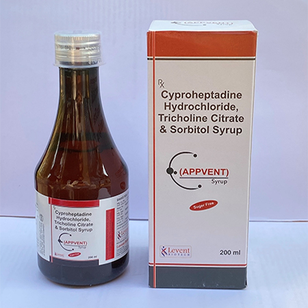 Product Name: Appvent, Compositions of Appvent are Cyproheptadine Hydrochloride, Tricholine Citrate & Sorbitol Syrup - Levent Biotech Pvt. Ltd
