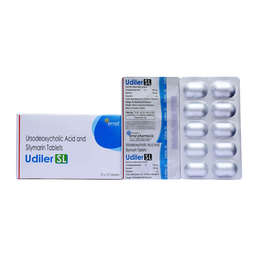 Product Name: Udiler sl, Compositions of Udiler sl are Ursodeoxycholic Acid 300 mg + Silymarin 140 mg  - Ernst Pharmacia