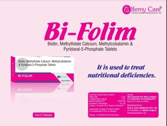 Product Name: Bi Folim, Compositions of Bi Folim are Biotin,MethylFolate Calcium,Methylcobaalmin & Pyridoxil-5-Phosphate Tablets - Olfemy Care