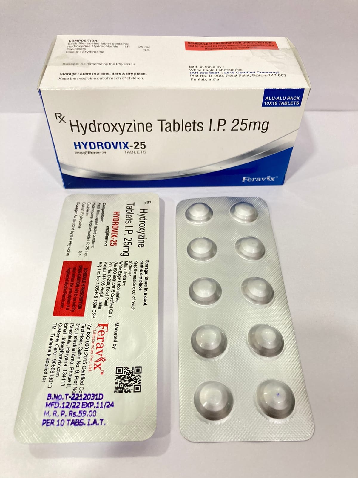 Product Name: HYDROVIX  25MG Tablets, Compositions of HYDROVIX  25MG Tablets are HYDROXYZINE HYDROCHLORIDE I.P 25MG - Feravix Lifesciences