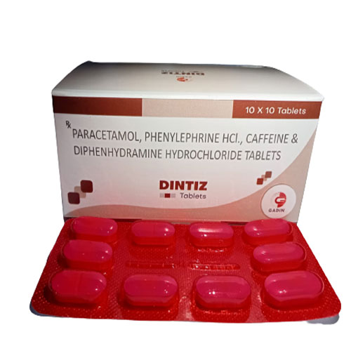Product Name: DINTIZ, Compositions of DINTIZ are PARACETAMOL 325 MG + PHENYLEPHRINE HCL 5 MG + CAFFEINE 30 MG + DIPHENHYDRAMINE HCL 25 MG - Gadin Pharmaceuticals Pvt. Ltd