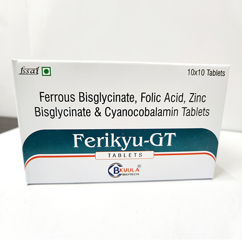 Product Name: Ferikyu GT, Compositions of Ferikyu GT are Ferrous Bisglycinate, Folic Acid, Zinc Bisglycinate & Cyanocobalamin Tablets - Bkyula Biotech