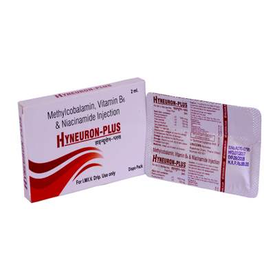 Product Name: HYNEURON PLUS, Compositions of HYNEURON PLUS are Methylecobalamin, Vitamin B6, & Nacinamite Injection - ISKON REMEDIES