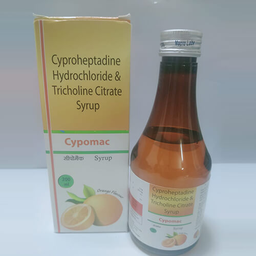 Product Name: Cypomac, Compositions of Cypomac are Cyproheptadine Hcl,Tricholine Citrate Syrup - Macro Labs Pvt Ltd