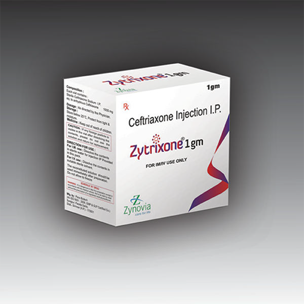 Product Name: Zytrixone 1gm, Compositions of Zytrixone 1gm are Ceftriaxone Injection I.P - Zynovia Lifecare