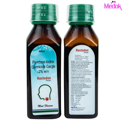 Product Name: Rectodon, Compositions of Rectodon are Povidone lodine germicide gargle  - Medok Life Sciences Pvt. Ltd
