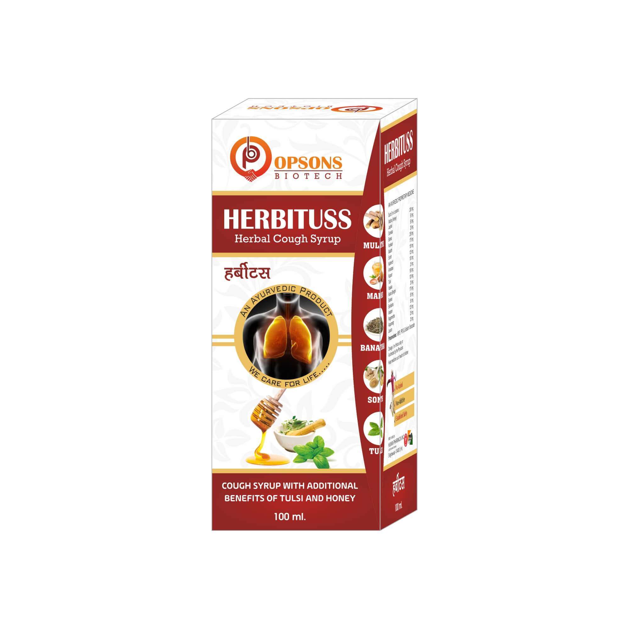 Product Name: Herbituss, Compositions of Herbituss are Cough Syrup with Additional Benefits of tulsi ad honey  - Opsons Biotech