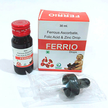 Product Name: FERRIO DROP, Compositions of FERRIO DROP are Ferrous Ascrobate, Folic Acid & Zinc Drops - Ozenius Pharmaceutials