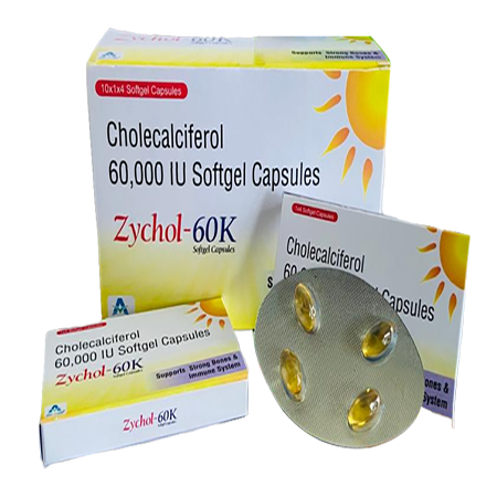Product Name: Zychol 60k, Compositions of Zychol 60k are Cholecalsiferol 60,000 IU Softgel Capsules - Amzy Life Care
