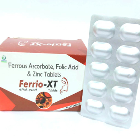 Product Name: FERRIO XT, Compositions of FERRIO XT are Ferrous Ascrobate, Folic Acid & Zinc Tablets - Ozenius Pharmaceutials