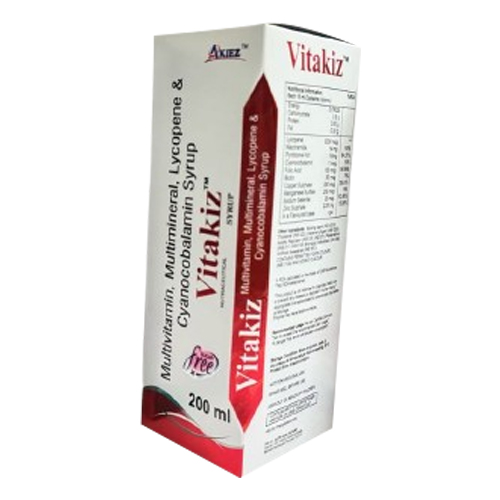 Product Name: Vitakiz, Compositions of Vitakiz are Multivitamin, Multimineral, Lycopene & Cyanocobalamin Syrup - Medlo Biotech