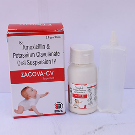 Product Name: Zacova CV, Compositions of Zacova CV are Amoxycillin & Potassium Clavulanate Oral Suspension IP - Eviza Biotech Pvt. Ltd