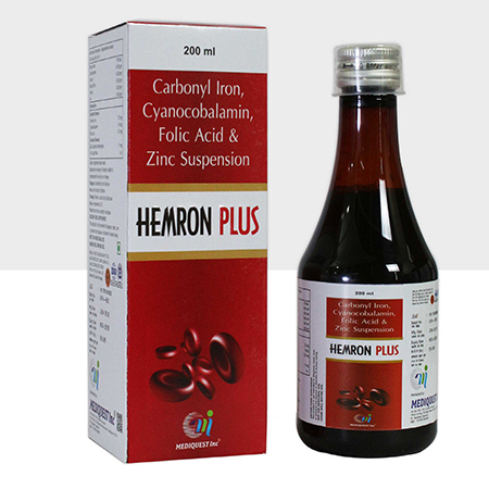 Product Name: HEMRON PLUS, Compositions of HEMRON PLUS are Carbonyl Iron, Cyanocobalamin, Folic Acid & Zinc Suspension - Mediquest Inc
