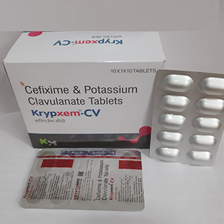Product Name: KRYPXEM CV, Compositions of Cefixime & Potassium Clavulanate Tablets are Cefixime & Potassium Clavulanate Tablets - Kryptomed Formulations Pvt Ltd