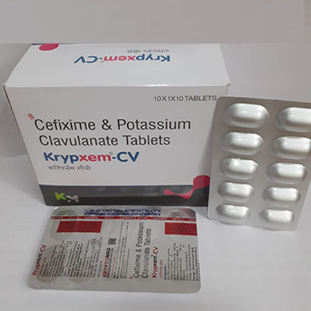 Product Name: Krypxem cv, Compositions of Krypxem cv are Cefixime & Potassium Clavulanate Tablets - Kryptomed Formulations Pvt Ltd
