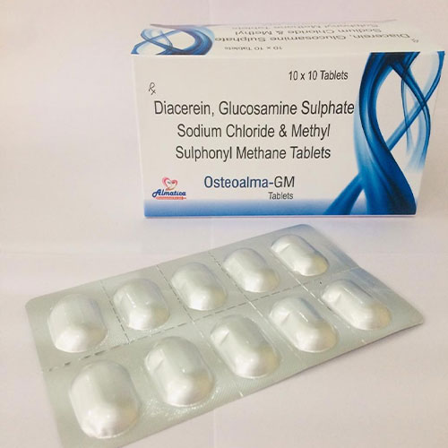 Product Name: Osteoalma GM, Compositions of Osteoalma GM are Diacerein Glucosamine Sulphate sodium Chloride & Methyl Sulphonyl Methane - Almatica Pharmaceuticals Private Limited