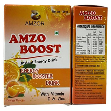 Product Name: AMZO BOOST, Compositions of AMZO BOOST are Energy Booster Drink with Vitamin C and Zinc - Amzor Healthcare Pvt. Ltd