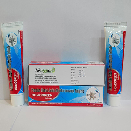 Product Name: Homegreen, Compositions of Homegreen are Potassium Nitrate & Sodium Monofluorophasphate Toothpaste - Abigail Healthcare