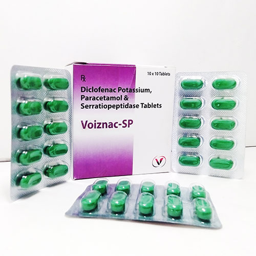 Product Name: Voiznac SP, Compositions of Voiznac SP are Dicolfenac sodium 50mg Plus Paracetamol 325 mg Plus Searratiopeptidase15mg - Voizmed Pharma Private Limited