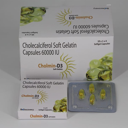 Product Name: Cholmin D3, Compositions of Cholmin D3 are Cholecalciferol Soft Gelatin Capsules 60000 IU - Biodiscovery Lifesciences Pvt Ltd