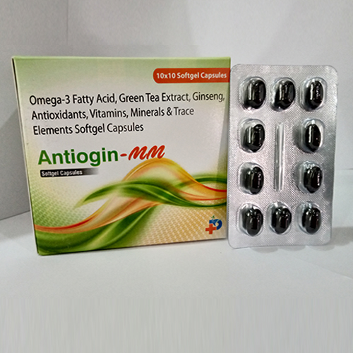 Product Name: Antiogin MM, Compositions of Antiogin MM are Omega 3 Fatty Acid, Green Tea Extract, Gingseng, Antioxidants, Vitamins, Minerals& Trace Elements Softgel Capsules - Paraskind Healthcare