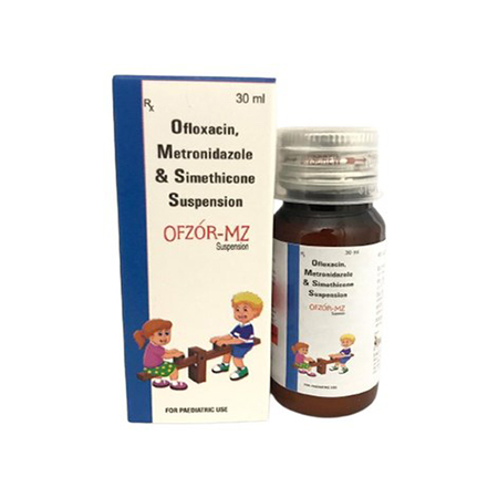 Product Name: OFZOR MZ, Compositions of OFZOR MZ are Ofloxacin, Metornidazole & Simethicone Suspension - Amzor Healthcare Pvt. Ltd