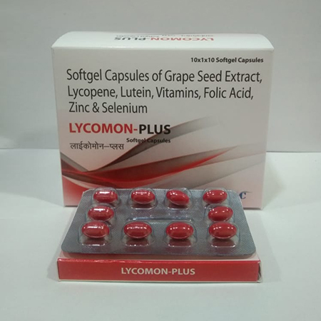 Product Name: Lycomon Plus, Compositions of Lycomon Plus are Softgel Capsules of Grape Seed Extract,Lycopene,Lutien,Vitamins,Folic Acid,Zinc & Selenium - Safe Life Care