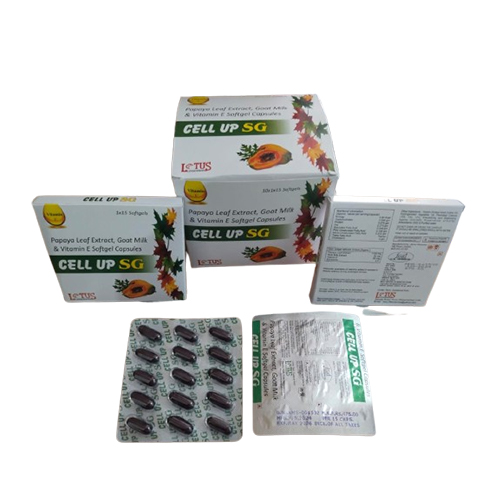 Product Name: Cell up sg, Compositions of Cell up sg are Papaya Leaf Extract, Goat Milk & Vitamin E Softgel Capsules  - Jonathan Biocare