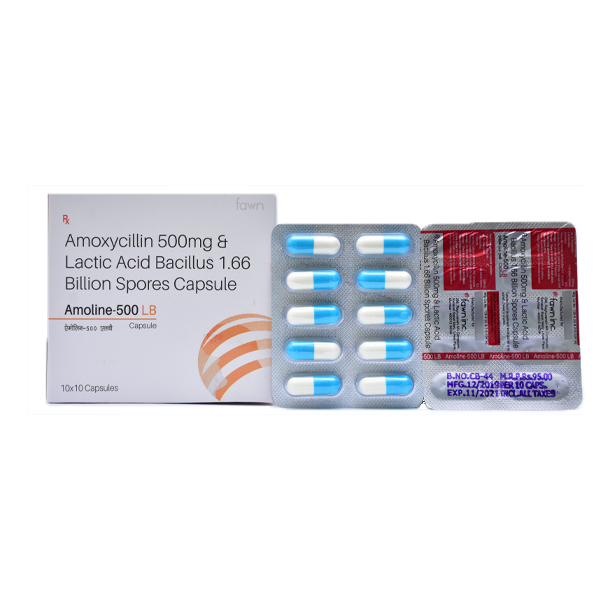 Product Name: AMOLINE 500 LB, Compositions of Amoxycillin 500 mg Lactic Acid Bacillus are Amoxycillin 500 mg Lactic Acid Bacillus - Fawn Incorporation