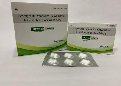 Product Name: Ofymox LB625, Compositions of Ofymox LB625 are Amoxycillian 500 mg.+Potassium Clavulanate 125 mg. +Lactic Acid Bacillus 60 million spores Tablet - Medofy Pharmaceutical