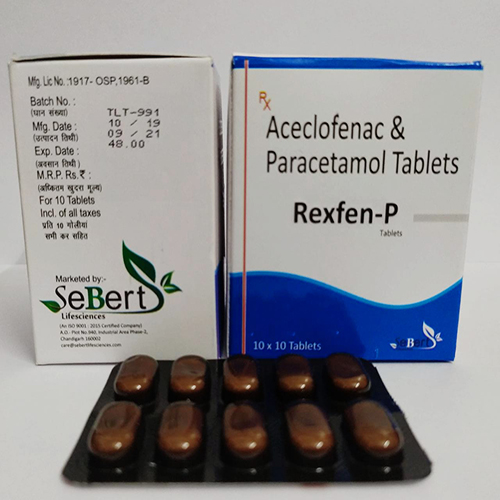 Product Name: Rexfen P, Compositions of Rexfen P are Aceclofenac, Paracetamol Tablets - Sebert Lifesciences