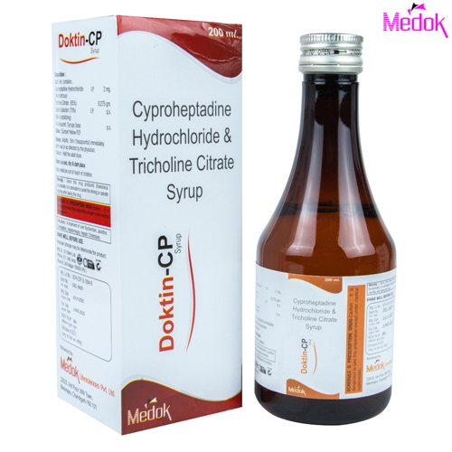 Product Name: Doktin CP, Compositions of Doktin CP are Cyproheptadine hydrochloride & tricholine citrate syrup - Medok Life Sciences Pvt. Ltd