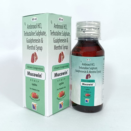 Product Name: Mucowin, Compositions of Mucowin are Ambroxal Hydrochloride,Terbutaline Sulphate,Guaiphenesin & Methol Syrup - Nova Indus Pharmaceuticals