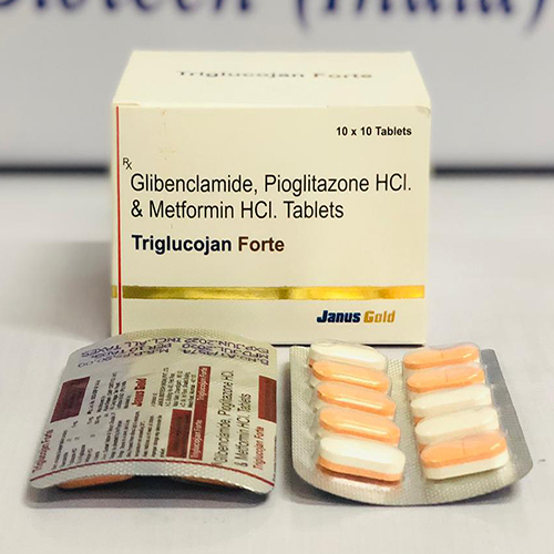 Product Name: Triglucojan Forte, Compositions of Triglucojan Forte are Glibenclamide, Pioglitazone HCL, & Metformin HCL Tablets - Janus Biotech