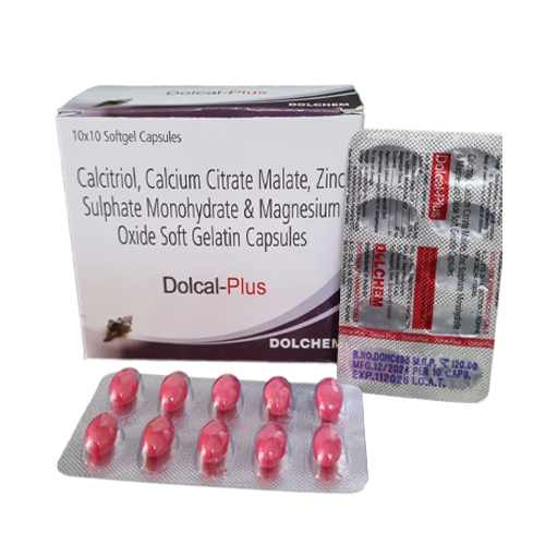 Product Name: Dolcal Plus, Compositions of Dolcal Plus are Calcitriol, Calcium Citrate Malate, Zinc Sulphate Monohydrate & Magnesium Oxide Soft Gelatin Capsules - Dolchem Pharmaceuticals Private Limited