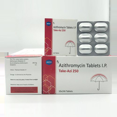 Product Name: Take Azi 250, Compositions of Take Azi 250 are Azithromycin Tablets IP - Amzor Healthcare Pvt. Ltd