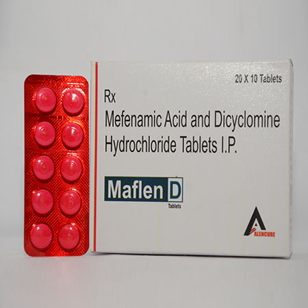 Product Name: MAFLEN D, Compositions of MAFLEN D are Mefenamic Acid & Dicyclomine HCL Tablets IP - Alencure Biotech Pvt Ltd