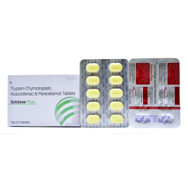 Product Name: SOLDASE PLUS, Compositions of SOLDASE PLUS are Trypsin-Chymotrypsin 50,000 Armour Units +Aceclofenac 100 mg + Paracetamol 325 mg. - Fawn Incorporation