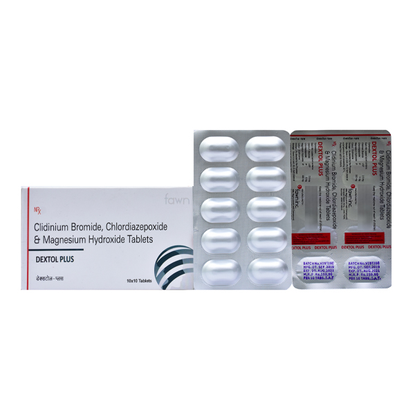 Product Name: DEXTOL PLUS, Compositions of Chlordiazepoxide 5 mg + Clidinium Bromide 2.5 mg + Magnesium Hydroxide 300 mg. (NRX) are Chlordiazepoxide 5 mg + Clidinium Bromide 2.5 mg + Magnesium Hydroxide 300 mg. (NRX) - Fawn Incorporation