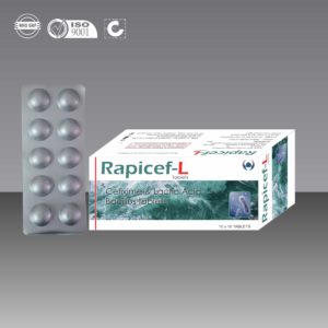 Product Name: Rapicef L, Compositions of Rapicef L are Cefixime, Azithromycin & Lactic Acid Bacillus Tablets - Haustus Biotech Pvt. Ltd.