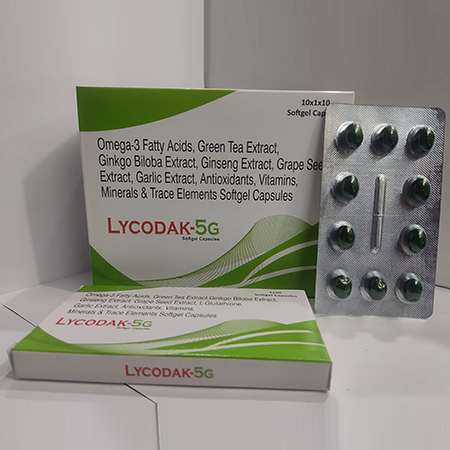 Product Name: Lycodek 5G, Compositions of Lycodek 5G are Omega-3 Fatty Acid,Green Tea Extract,Gingko,Biloba,Ginseng,Grape Seed Extract,Garlic Extract,Antioxidant,Vitamins,Minerals & Trace Elements Softgel Capsules - Dakgaur Healthcare